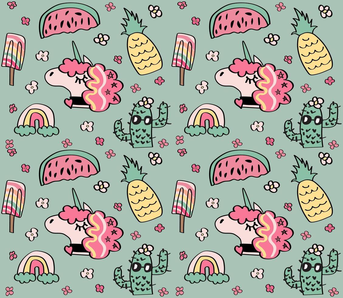 Cute summer unicorn kids' pattern. Nursery kids' pattern design with a unicorn, and watermelon. Pineapple and cactus. vector