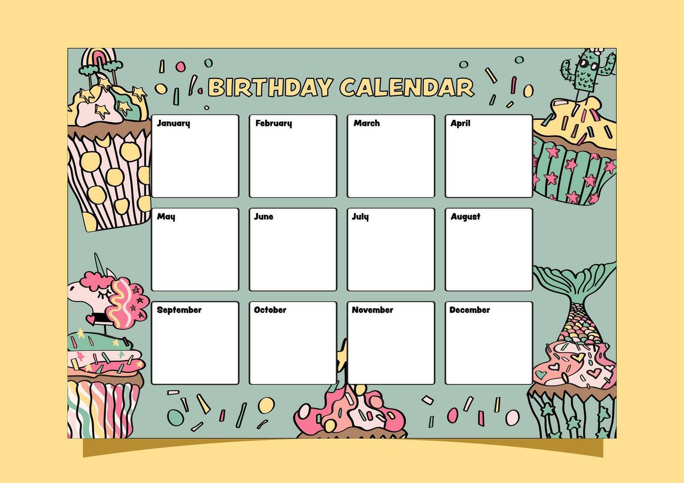 Boho-styled kids' birthday calendar with cute cupcakes in the background. vector