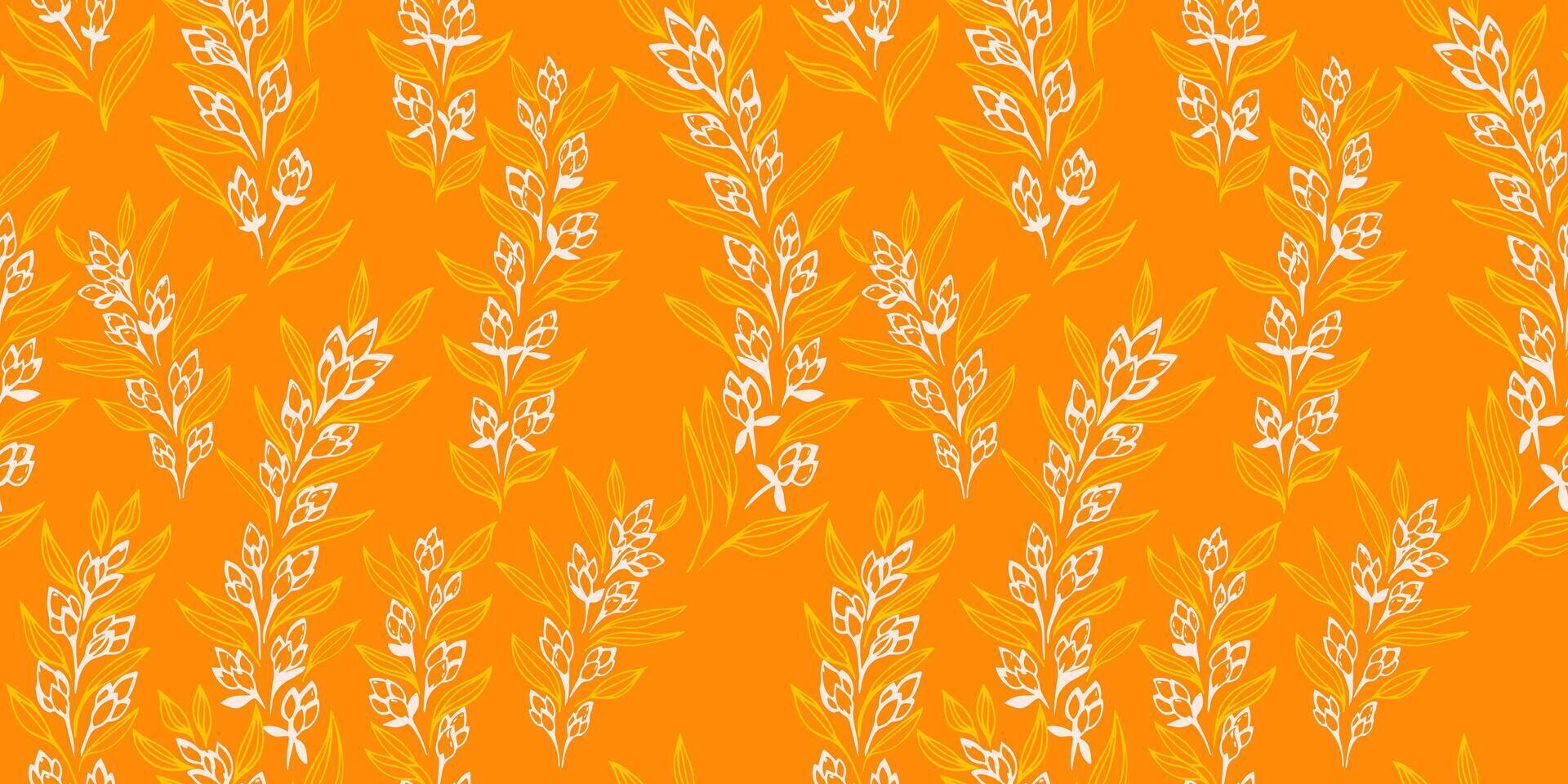 Abstract, artistic branches with tiny buds flowers and small leaves intertwined in a seamless pattern. Saturated yellow summer printing with creative floral stems. hand drawing sketch. vector