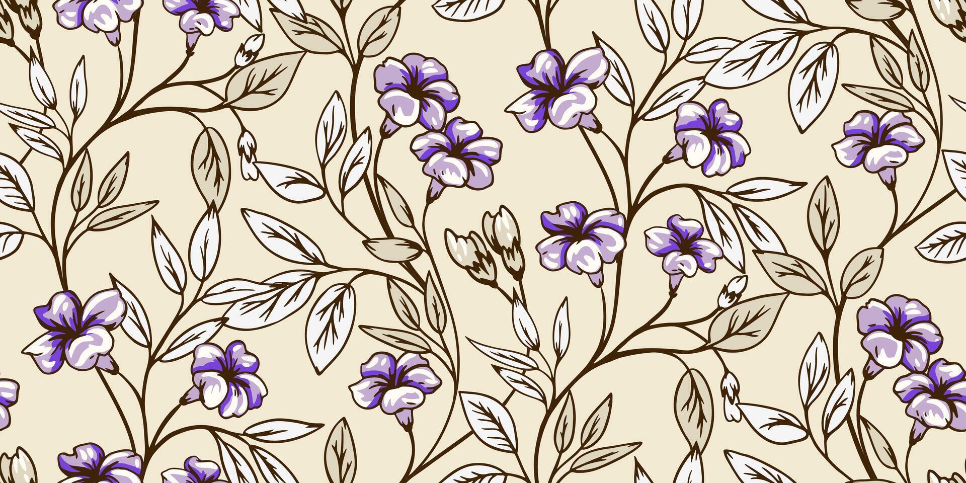 Abstract artistic wild floral stems intertwined in a seamless pattern. hand drawn. Creative branches with ditsy flowers and leaves, buds. Template for design, fabric, fashion, textile vector