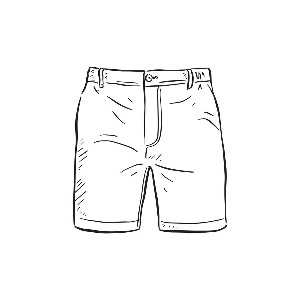A line drawn illustration of a pair of mens shorts in black and white. Drawn by hand. vector