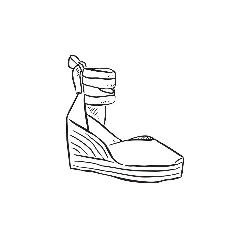 A line drawn black and white illustration of a wedge shoe. Drawn by hand in a sketchy style. vector