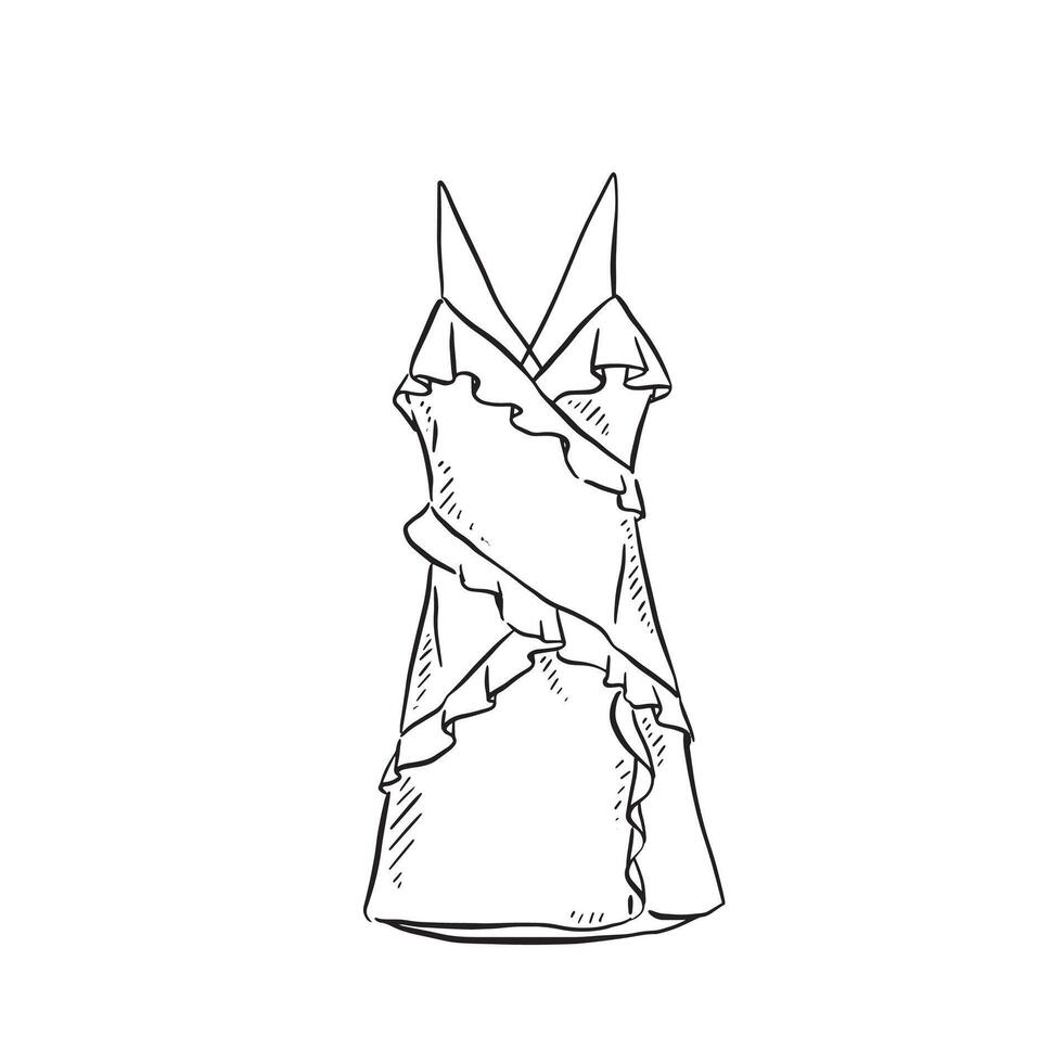 A line drawn mini dress with frills. Hand drawn in black and white in a sketchy style. vector