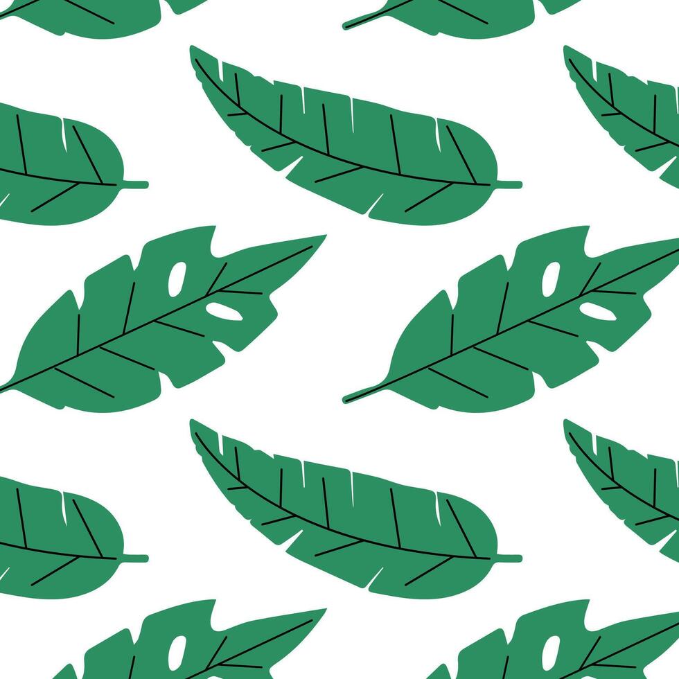 Pattern of tropical and palm leaves. Silhouettes green branches, leaves in minimalist flat style. Exotic summer background with leaves on white background. Print for gift wrapping, fabric, textile vector