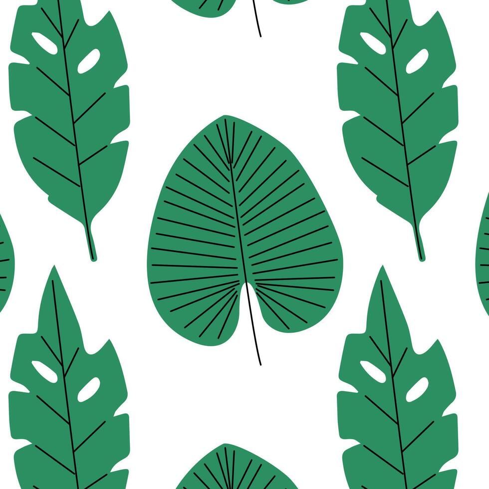Pattern of tropical and palm leaves. Silhouettes green branches, leaves in minimalist flat style. Exotic summer background with leaves on white background. Print for gift wrapping, fabric, textile vector