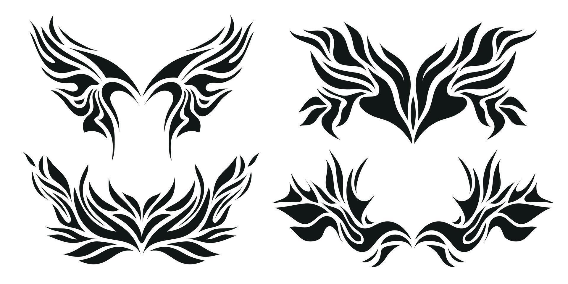 set of y2k style neo tribal tattoos set, wings, fire flame silhouettes, grunge metal illustrations, butterflies vector