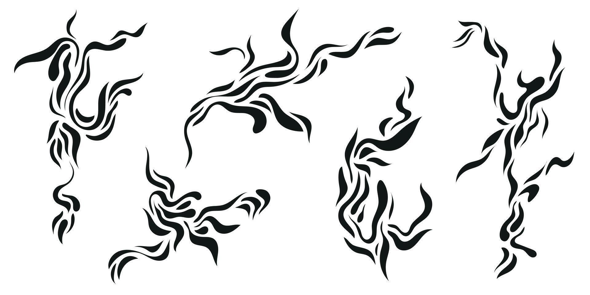 set of y2k style design elements, fire flames, cracks, tattoos. Neo tribal illustrations. vector