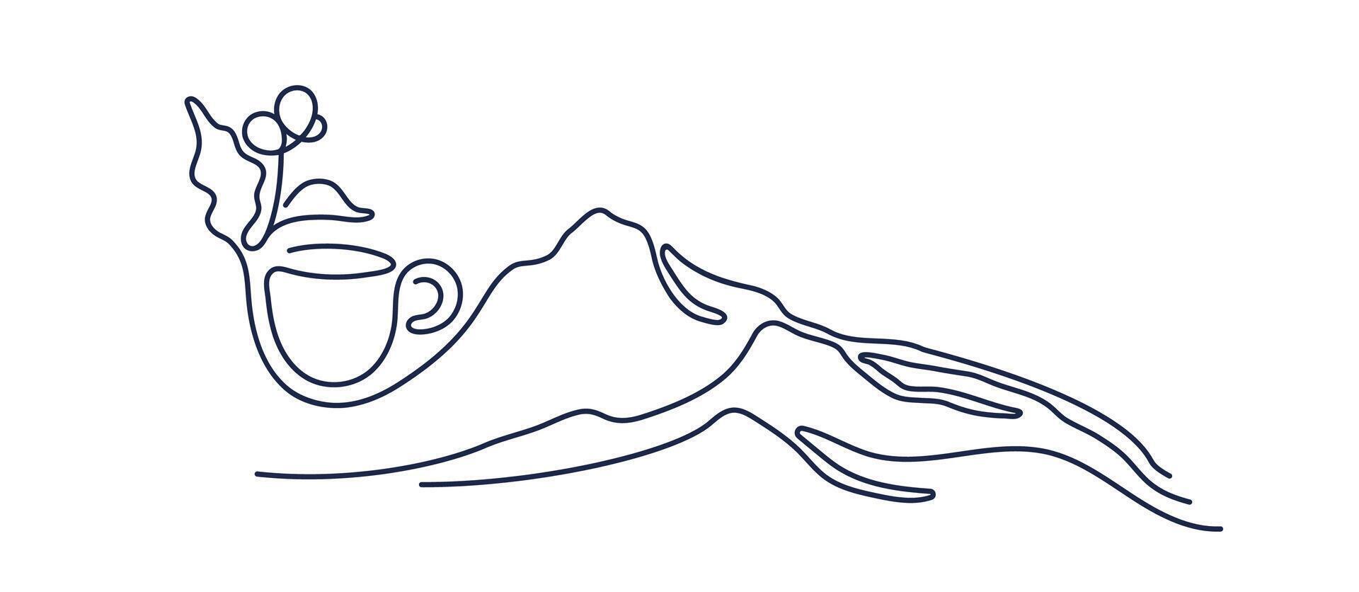 Coffee cup, mountain. line sketch Landscape vector