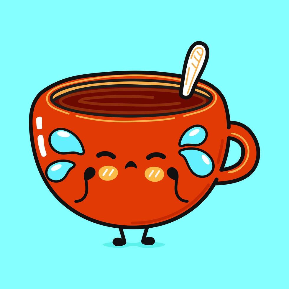 Crying Cup of coffee character. Hand drawn cartoon kawaii character illustration icon. Isolated on blue background. Sad Cup of tea character concept vector