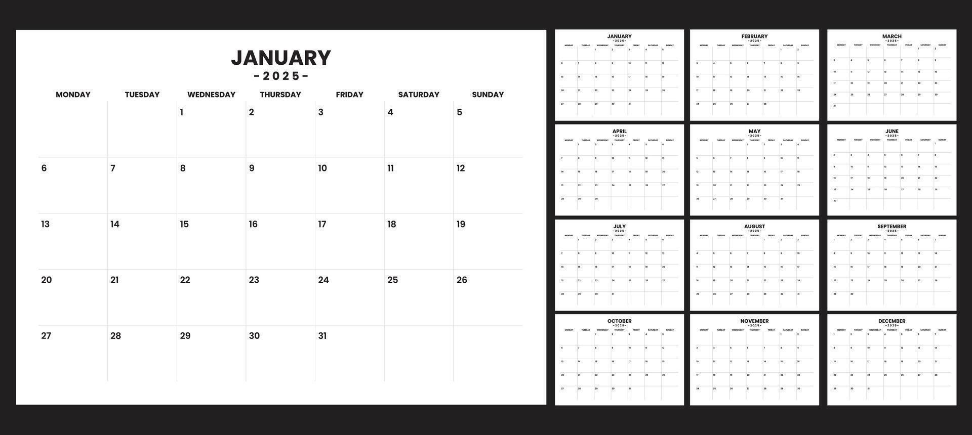 Simple set calendar 2025, start on monday vector