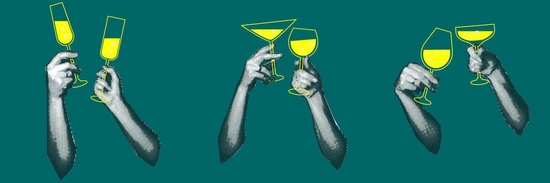 set Vintage design of the New Year's banner of the 90s with the image of hands holding champagne glasses couple. Collage of dots. Retro party. illustration for a poster or greeting card green vector
