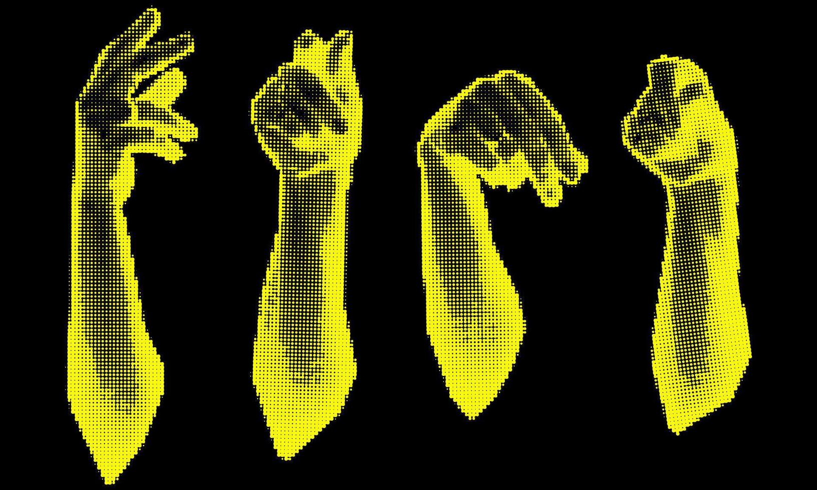 Set of vintage design bright hands on a dark background of the 90s with the image of a couple. A collage of dots. Retro party. illustration of yellow dots for a postcard on a black background vector