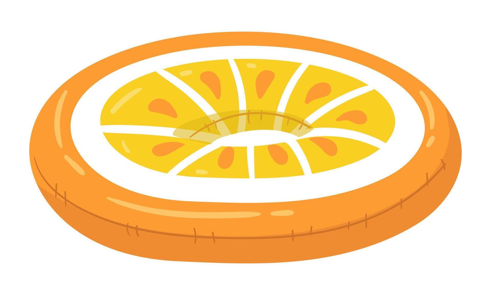 A swimming circle in the form of an orange slice, a large floating citrus fruit. This bright orange float cushion is perfect for a summer themed pool party. Isolated illustration vector