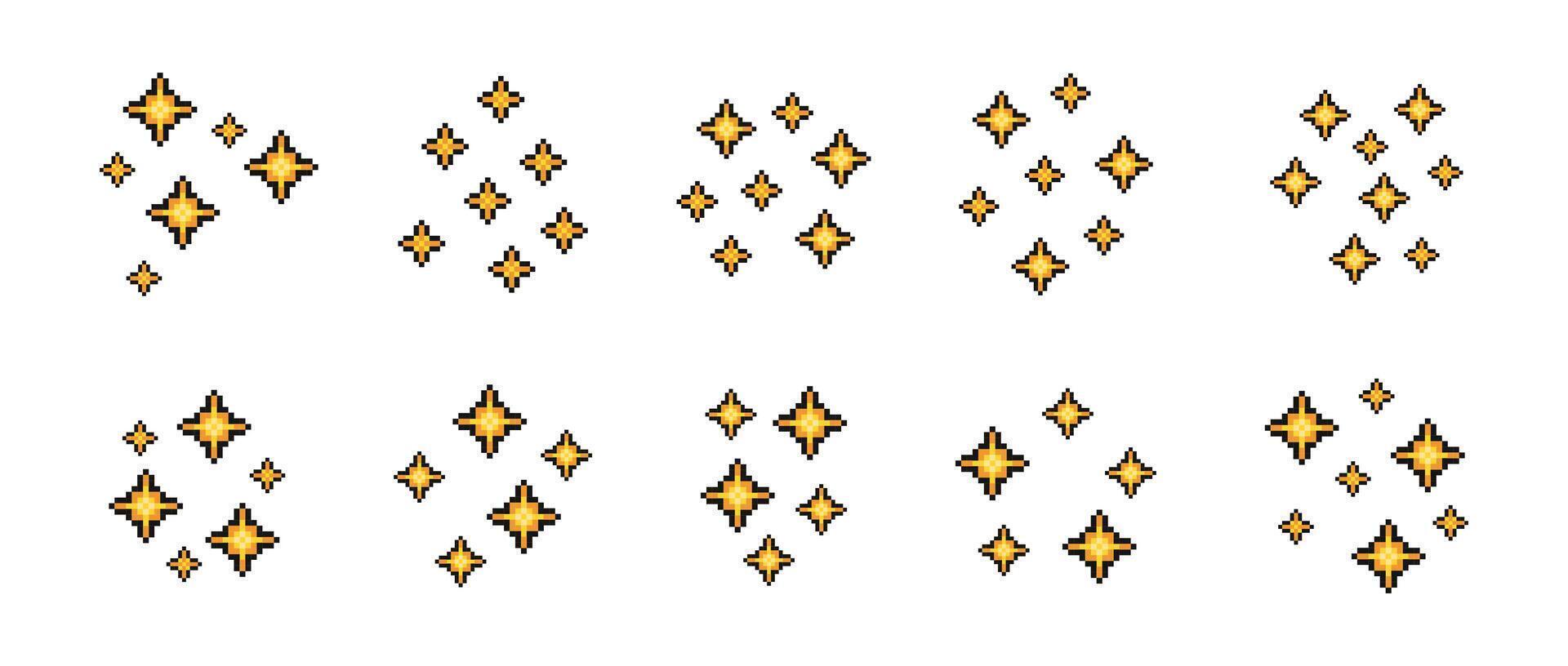 Sparkling stars pixel art. Shiny pixel art stars set. 8-bit sparkles. Glitter Stars, Pixelated Art vector