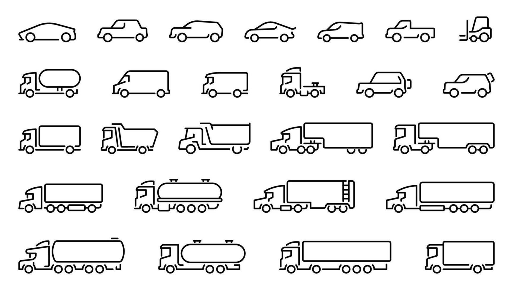 Car icons collection. Big set outline car icons, different types of transportation. Outline car icons. Types of transport vector