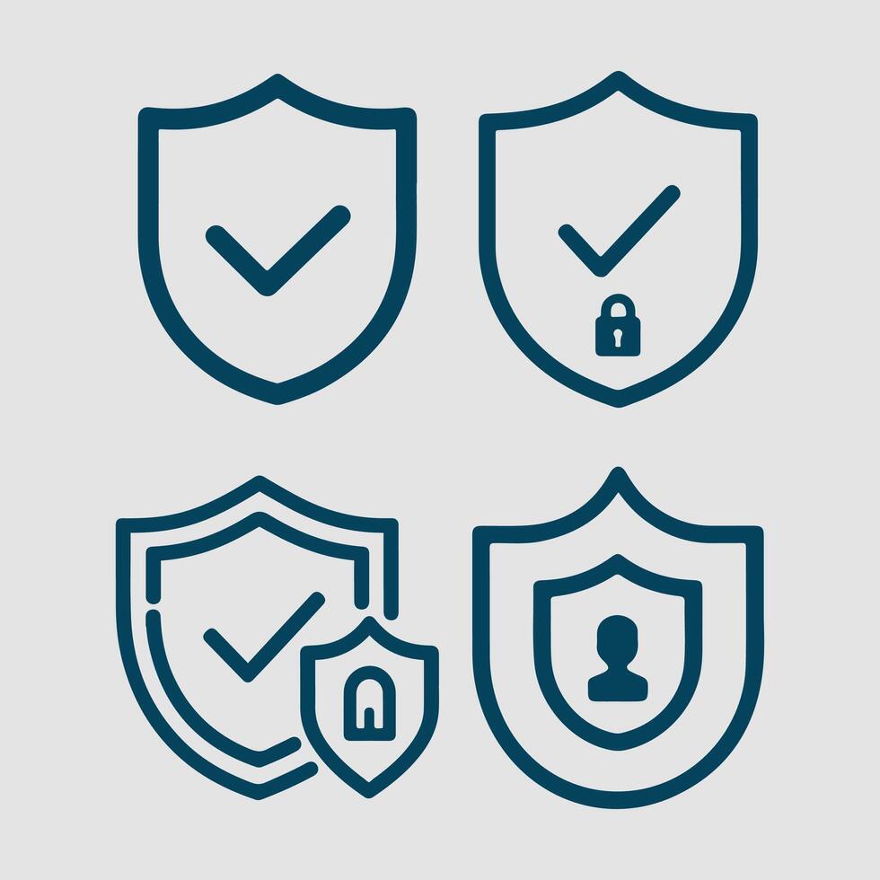 Tick Mark with shield set, Tick mark approved with shield icon, Security icon and help, how to, info, query symbol Iconic Illustrator vector