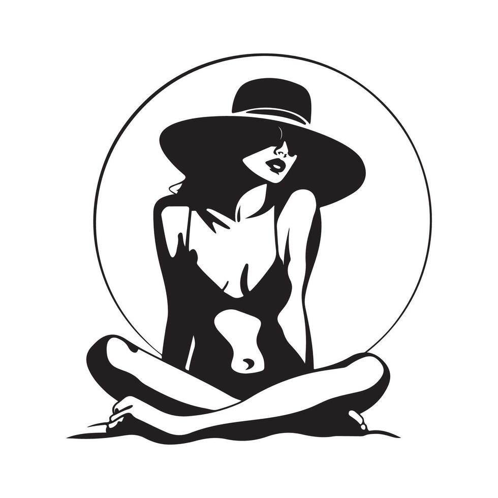 Girl in black swimsuit and hat sitting on beach design Image vector