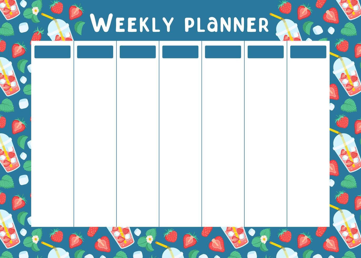 Weekly summer planner with strawberries lemonade pattern. Background for Planning of summer holidays. Cute school planner is for 7 days. Kids schedule design template. flat illustration vector