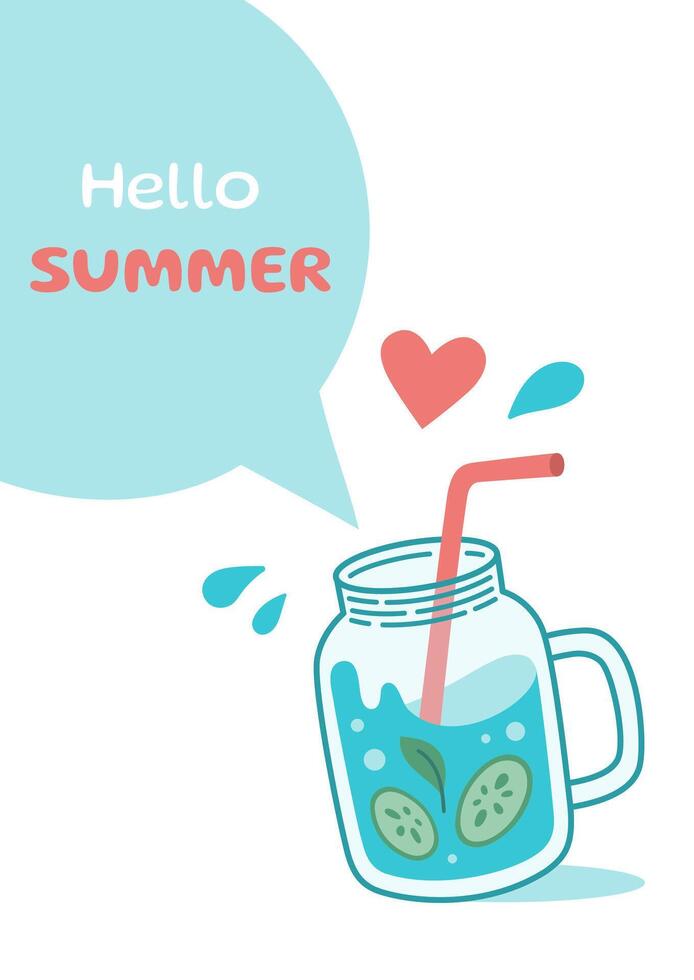 Glass jar with drinking straw, text Hello Summer in speech bubble postcard. Summer card. Cartoon illustration vector