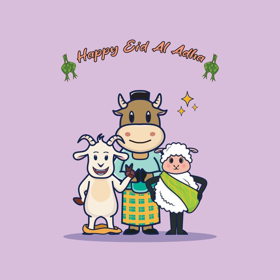 Cute Sheep, Goat, and Cow wish you a happy Eid al-Adha Cartoon Icon Illustration. Animal Nature Icon Concept Isolated Premium . vector