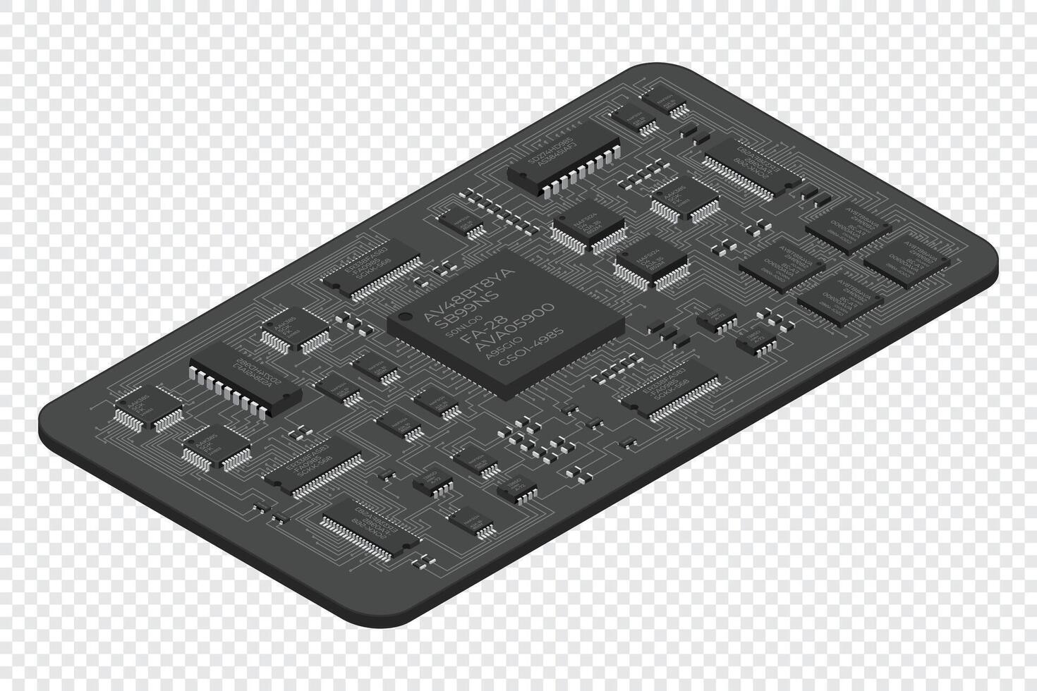 Isometric electronic board. Isometric printed circuit board with electronic components. Electronic components and integrated circuit board vector