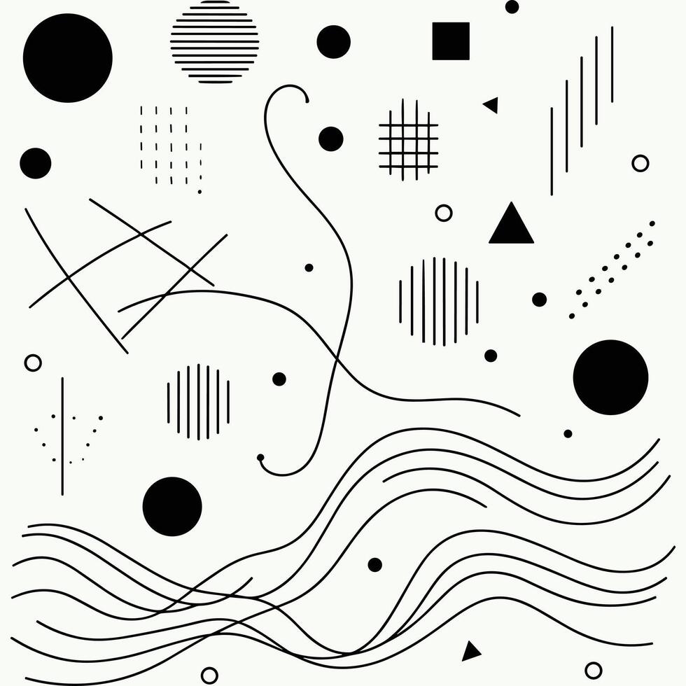 Minimalist Melody A simple and elegant black and white seamless pattern with hand-drawn lines and shapes. Circles, squares, triangles, and thin wavy strokes dance across a white background vector