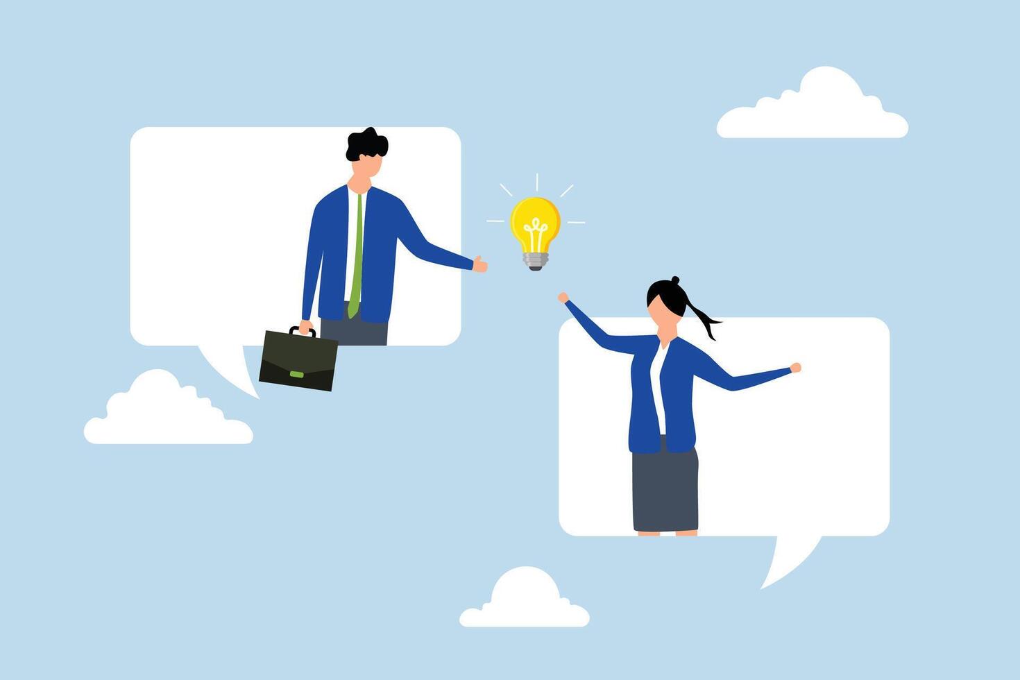 Business communication, colleague stands on chat bubble and talks about new ideas. vector