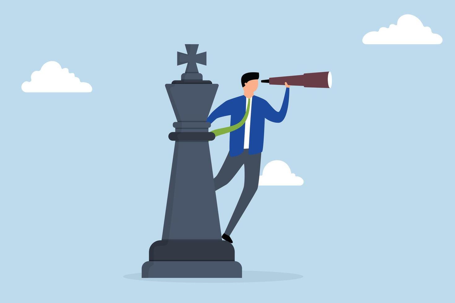 Business planning strategy, businessman manager standing on king chess piece using telescope to see business vision. vector
