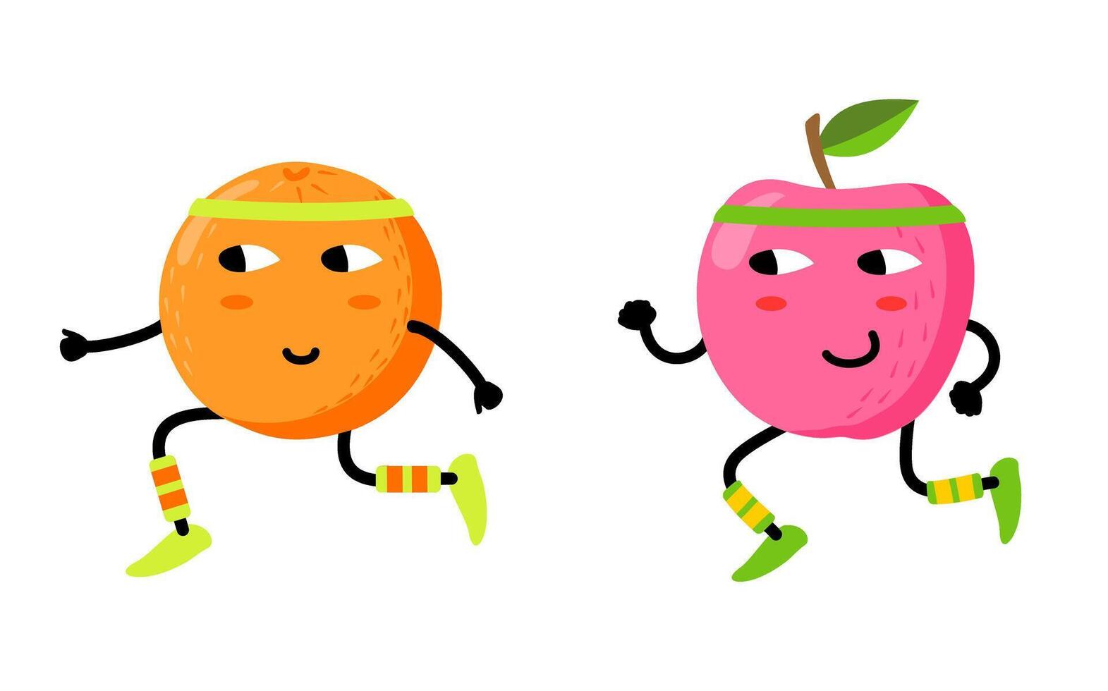 Cute funny fruits jogging. Funny health and fitness illustration with Cartoon apple and orange characters. Kawaii style. Fruits workout characters concept vector