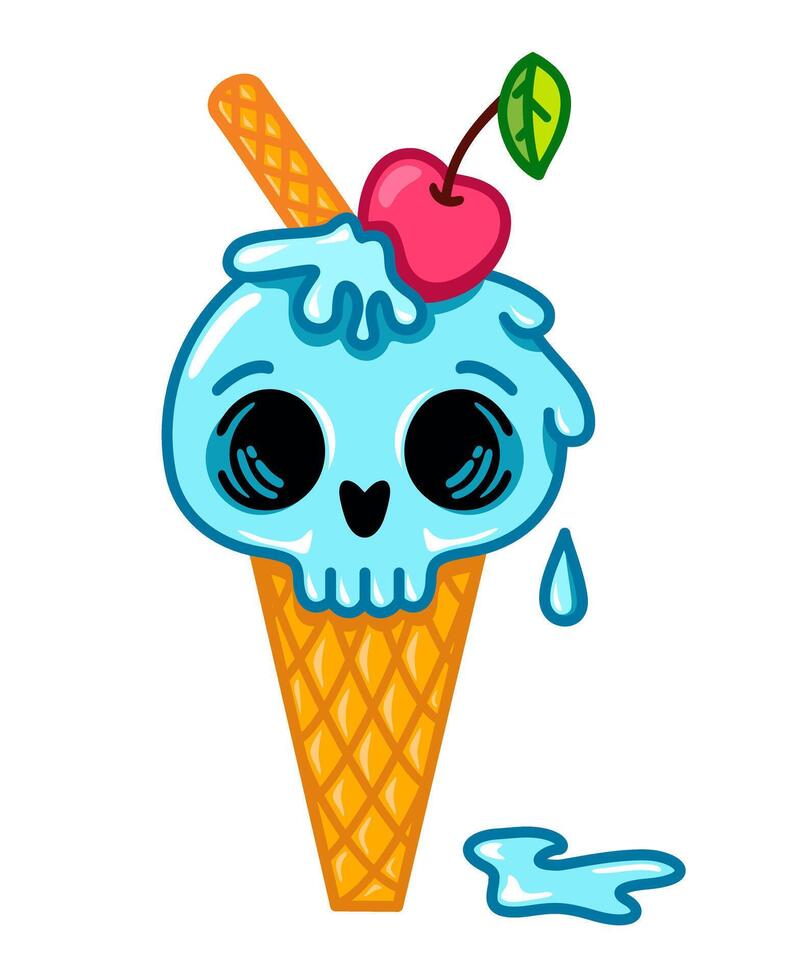 Ice cream cone with skull and cherry. Image of ice cream in a waffle bowl in the form of a skull. Blue sundae with cherries on a white background vector