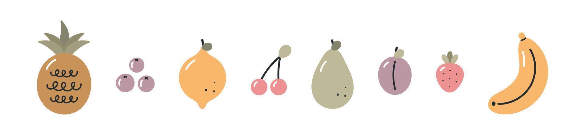 Sweet fruits and berry set. Isolated cartoon flat objects on white background. Pineapple, blueberry, lemon, cherry, pear, plum, strawberry, banana. vector