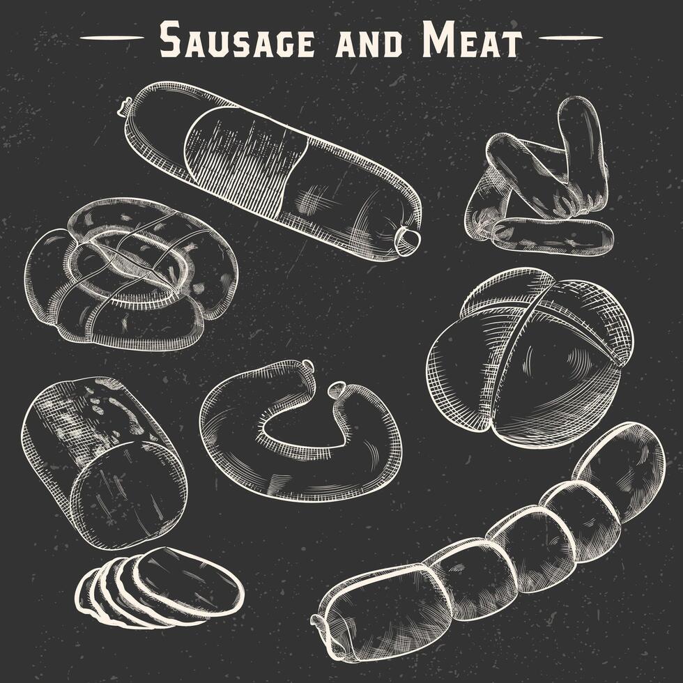Meat outline icon set illustration. Hand drawn sausages and sausages in white lines meat collection on black vector