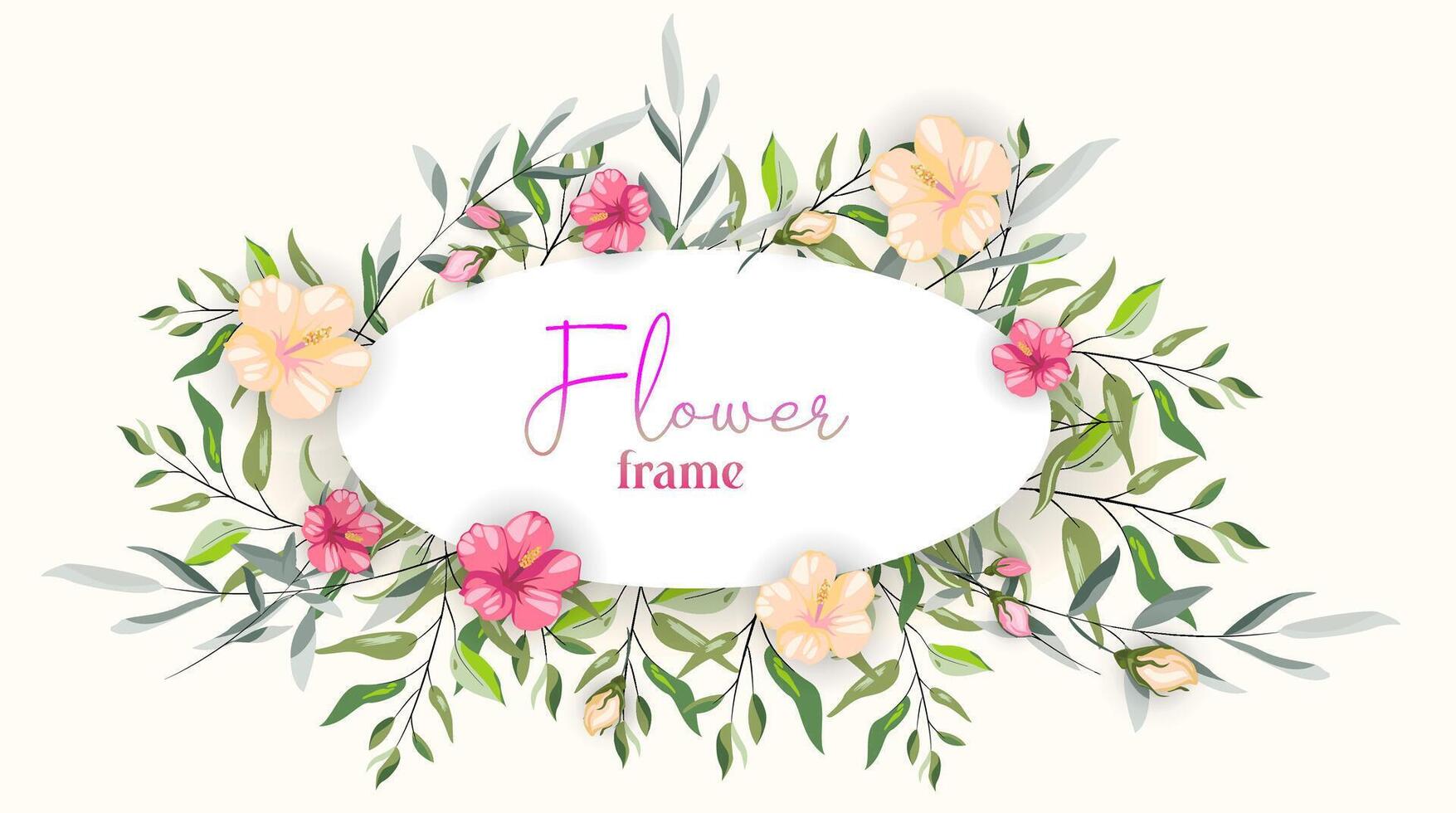 plant floral round frame, minimal vintage style. Yellow and pink flowers with leafs on white background 3d effect. design for postcard, greeting card or name card vector