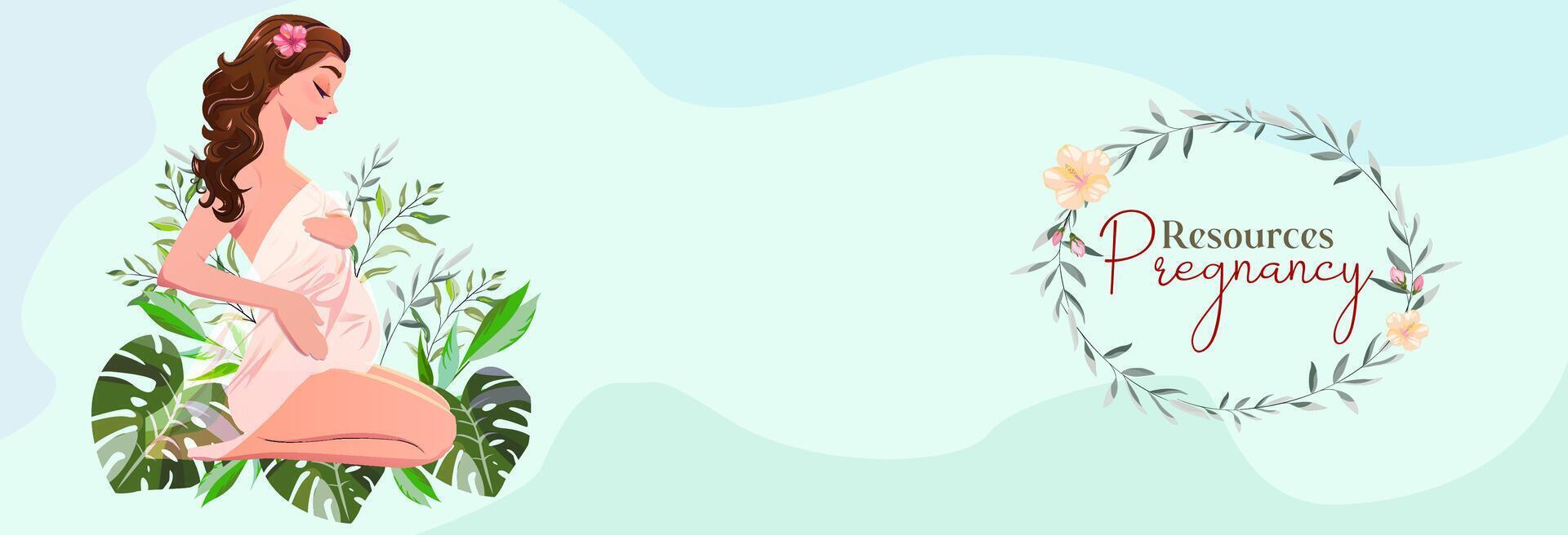 Pregnancies recourse. banner with pregnant woman, congratulatory text. Beautiful woman hugging her belly on plant background with floral decor. Luxury Design for postcard, website or infographics vector