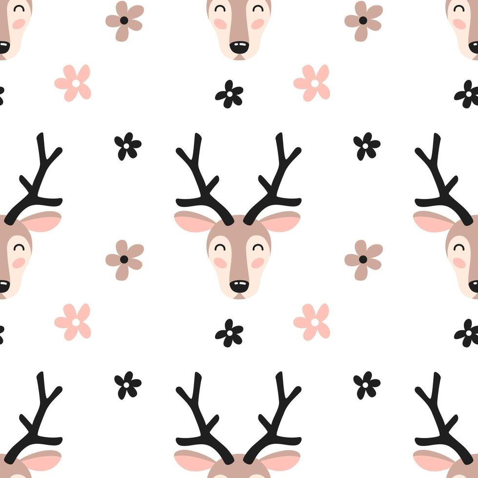 Seamless pattern with cute deer head and pink flowers on white background. Kids design for print, textile, wrapping paper, wallpaper, nursery. vector