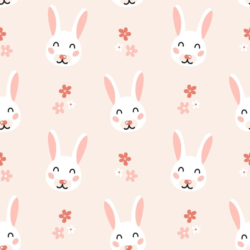 Seamless pattern with cute funny white rabbit head and flowers on beige background. Kids design for print, textile, wrapping paper, wallpaper, nursery. vector