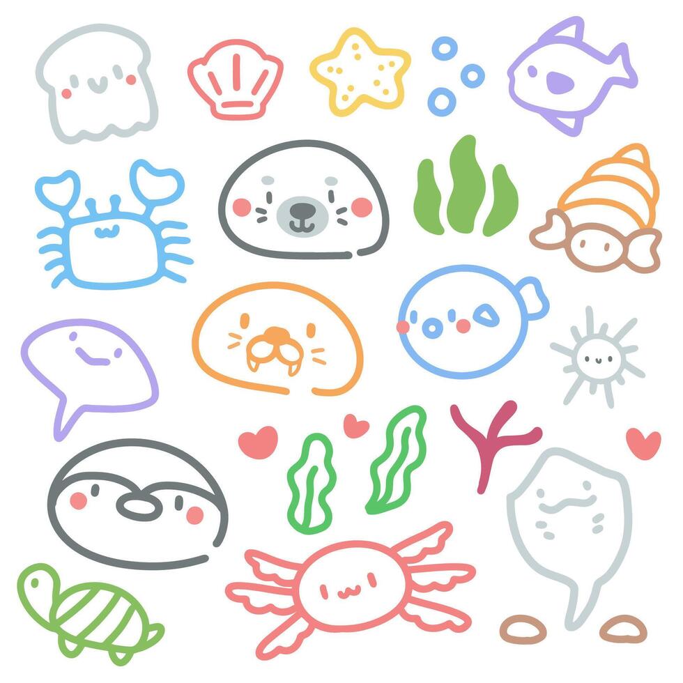 Cute Sea Animals Doodle Set with Marine Life Elements. Adorable Cartoon Sea Creatures and Ocean Elements. vector