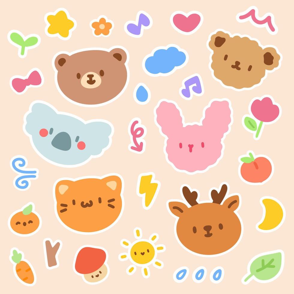 Cute Animal Faces and Nature Elements Sticker Set. Adorable sticker set features kawaii style animal faces and nature elements in a playful and colorful design. vector