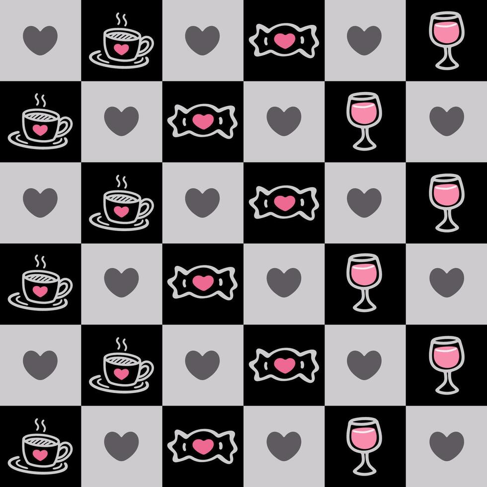 Kawaii Coffee, Candy, Wine, and Heart Pattern on Black and Gray Checkerboard vector