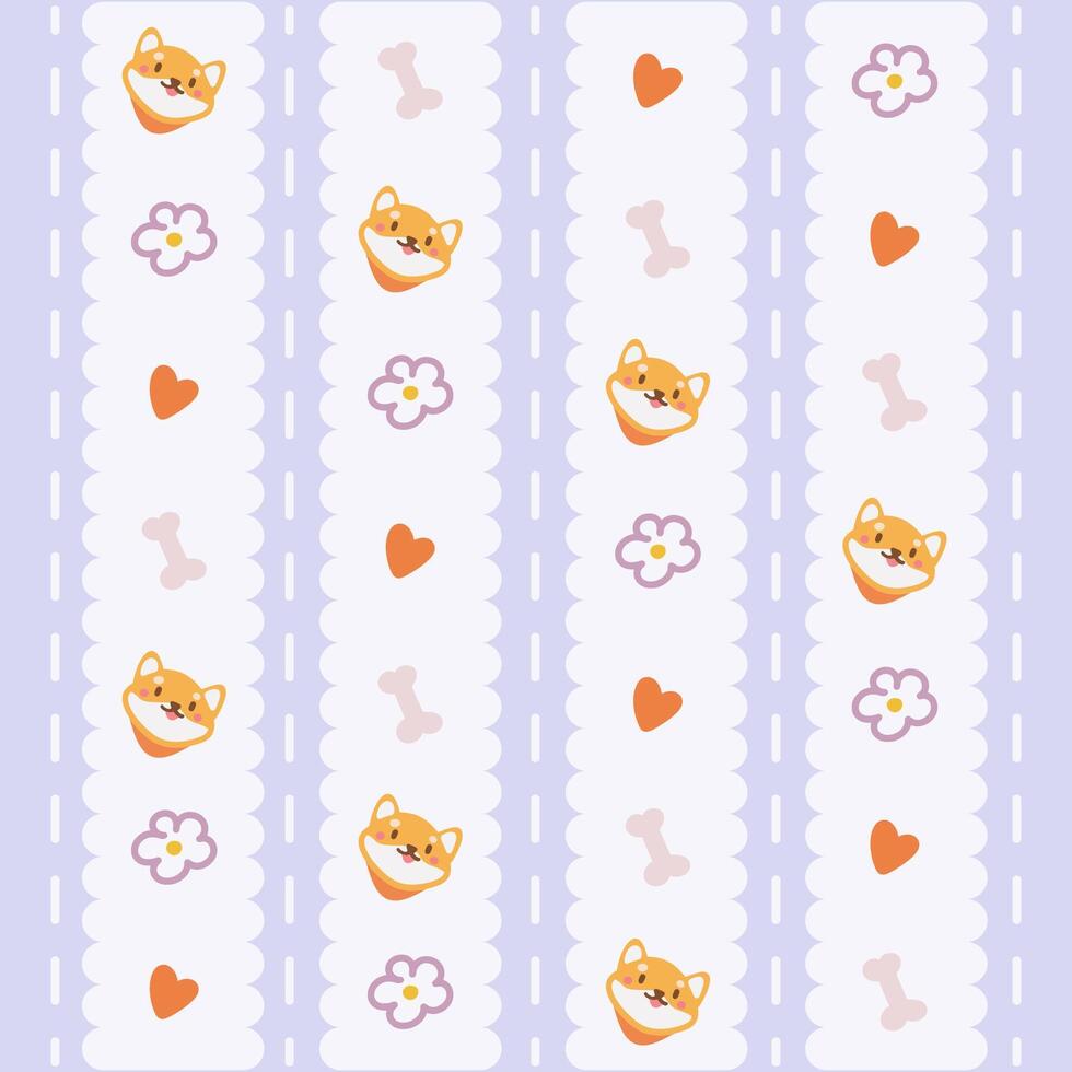 Cute Kawaii Chiba Dog and Flower Pattern with Violet Background. Adorable Shiba Inu Dog Pattern with Hearts, Bones, and Flowers on Lavender Background. vector