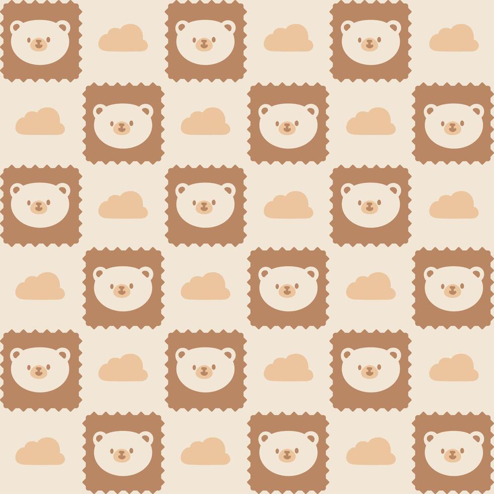 Cute Kawaii Bear and Cloud Pattern with Brown Background. Adorable pattern features kawaii style bear faces and clouds set against a brown background. vector