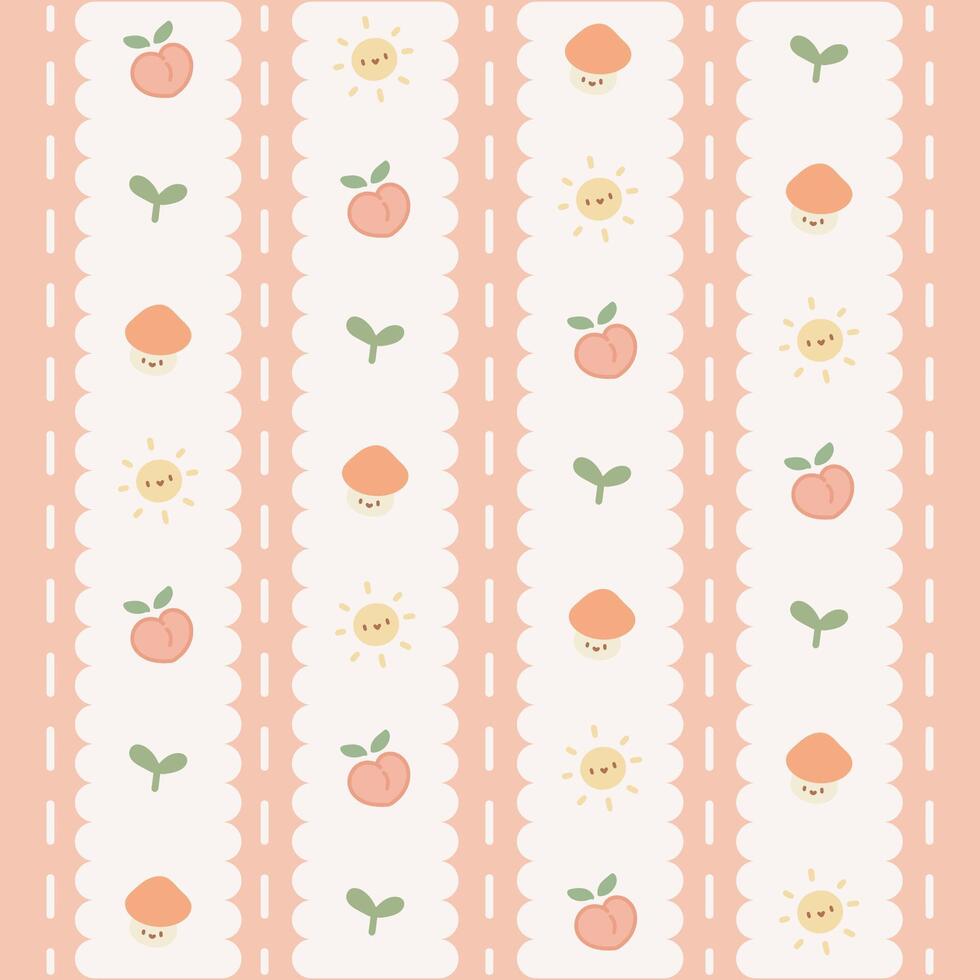 Cute Kawaii Peach and Mushroom Pattern with Orange Background vector