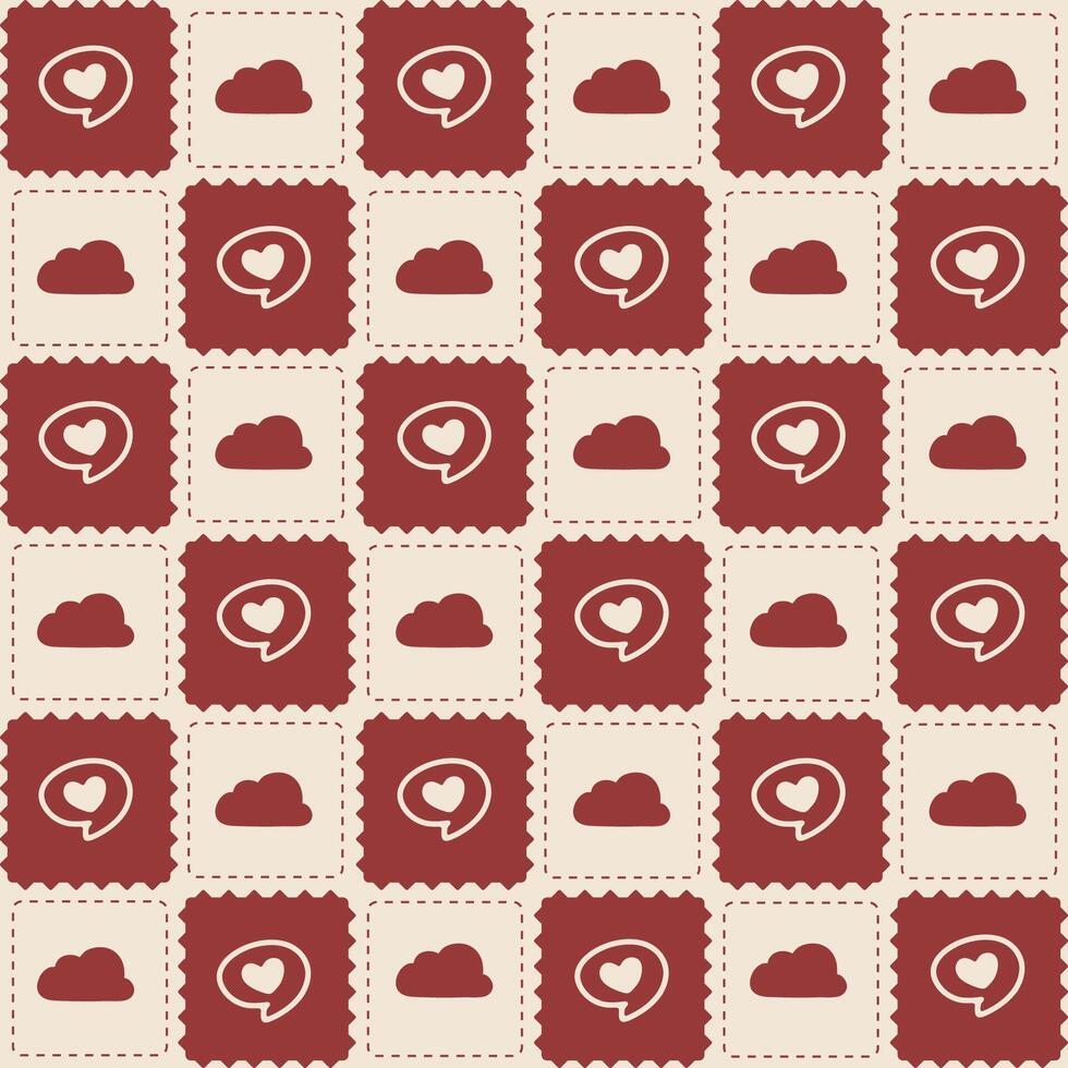 Cute Red Heart and Cloud Pattern with Beige Background. Adorable pattern featuring kawaii style hearts and clouds on a beige and red background. vector