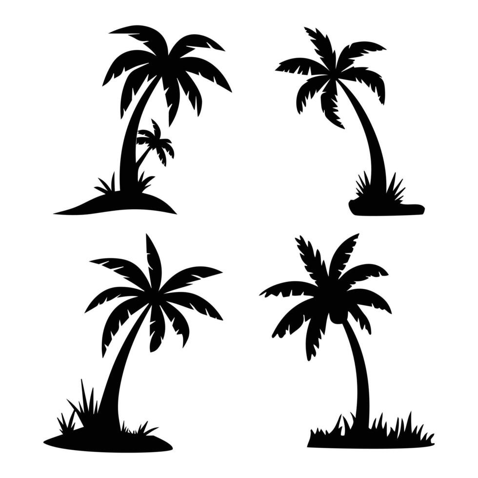 A set of Palm tree silhouette isolated on a white background, Tropical palm tree black clipart. Tropical palm tree vector