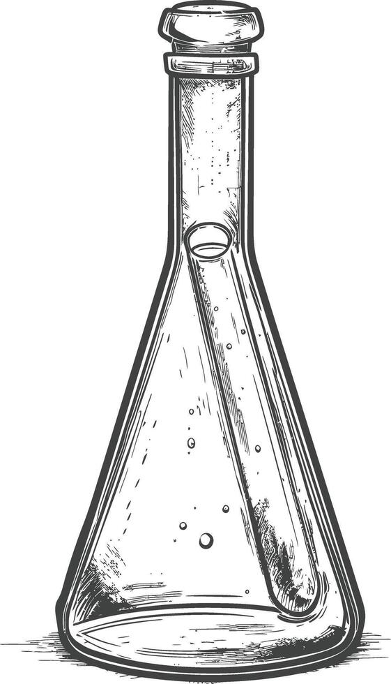 erlenmeyer flask tube laboratory glassware with engraving style black color only vector