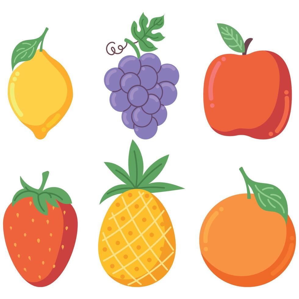 Set of different fruits and berries, Collection of organic vitamins and healthy nutrition, Lemon, grape, apple, strawberry, pineapple, orange vector