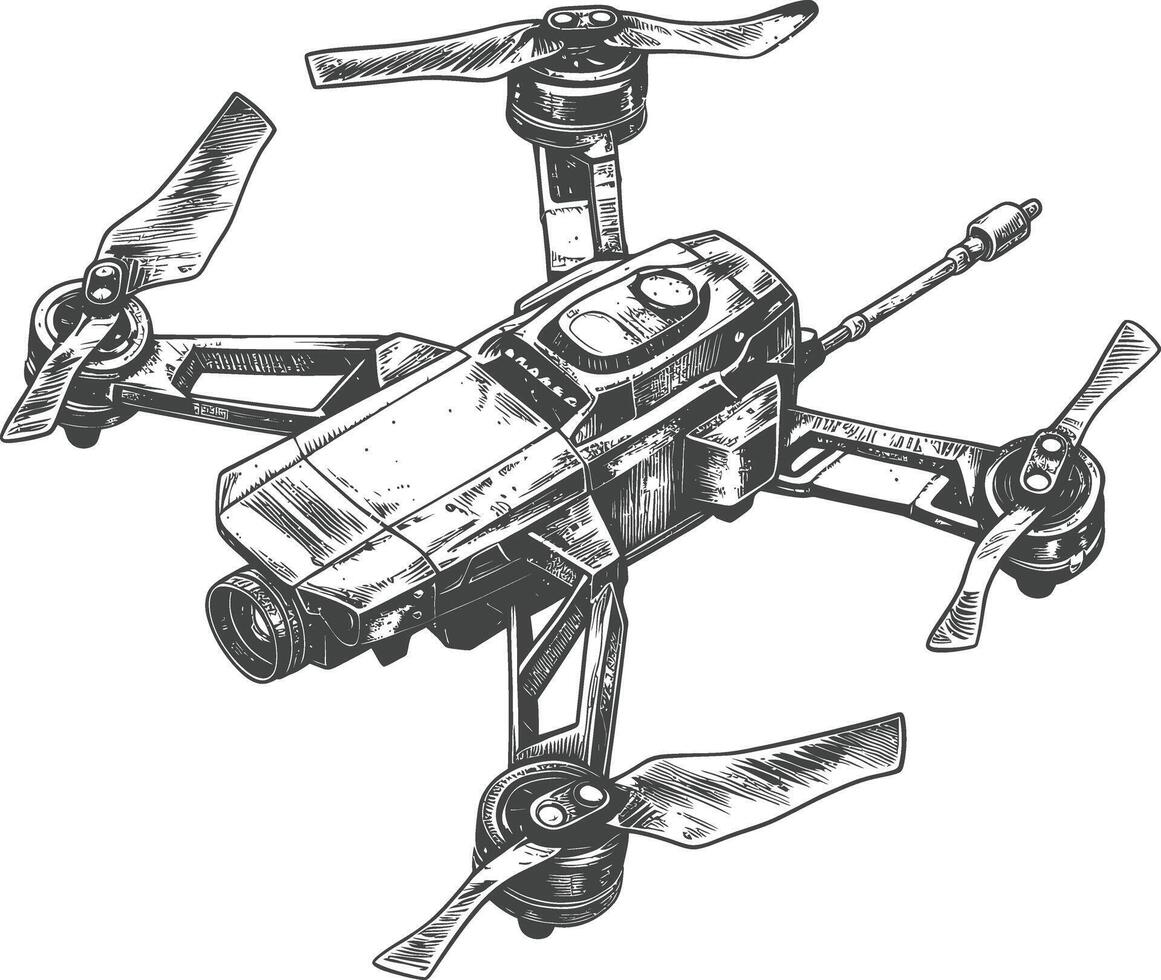 flying drone camera with engraving style black color only vector
