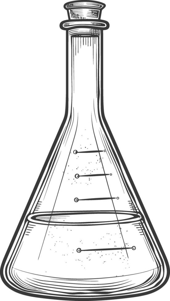 erlenmeyer flask tube laboratory glassware with engraving style black color only vector