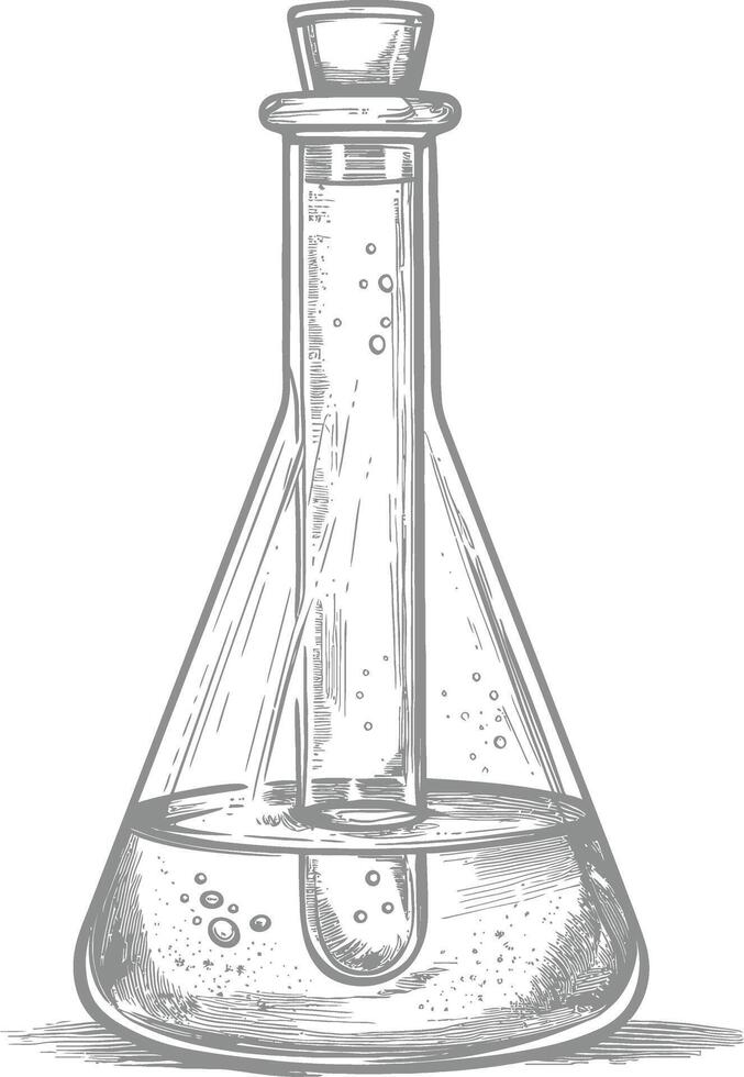 erlenmeyer flask tube laboratory glassware with engraving style black color only vector