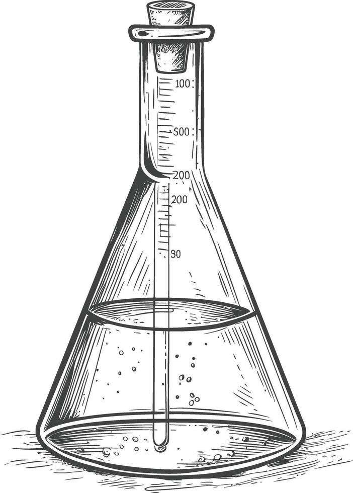 erlenmeyer flask tube laboratory glassware with engraving style black color only vector